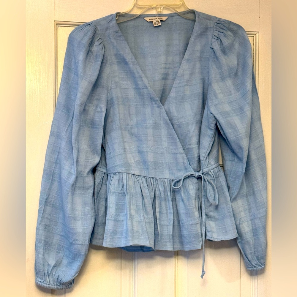American Eagle Outfitters Sky Blue Faux Wrap Blouse, NWOT